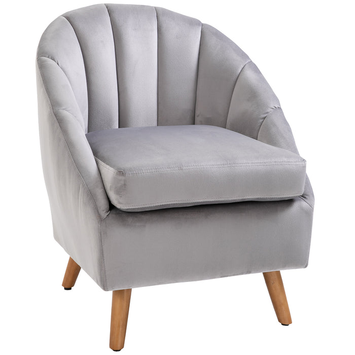 Velvet Fabric Accent Chair - Single Sofa Armchair with Solid Wood Legs for Home Living Room - Upholstered Grey Side Chair for Elegant Seating Comfort