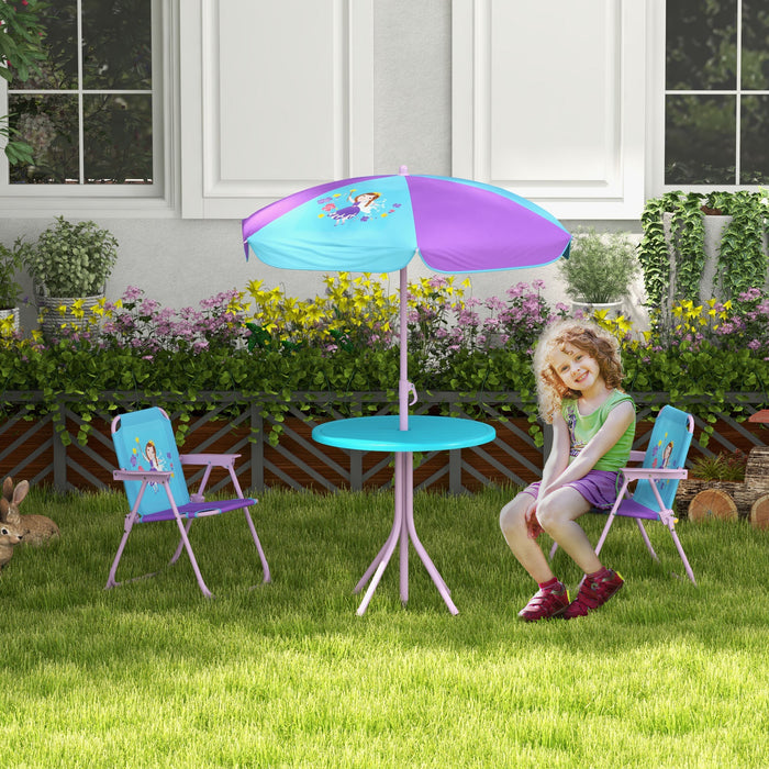 Kids Fairy-Themed Picnic Table Set - Foldable Chairs & Adjustable Parasol for Outdoor Use - Perfect Garden Furniture for Children's Parties and Playdates