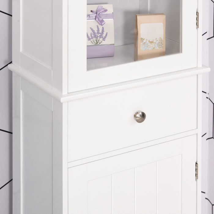 Slim White Bathroom Floor Cabinet - 3-Tier Shelf with Drawer and Door, Free Standing Storage Organizer - Ideal Space Saver for Toiletries and Linens