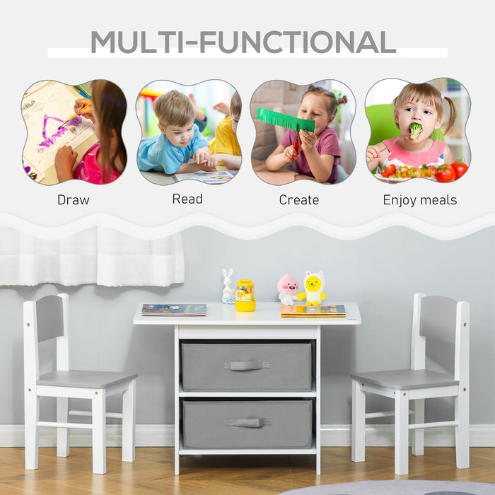 Kids 3-Piece Mini Furniture Set - Table & Chairs with Storage Drawers for Playroom and Bedroom - Safe Design for Toddlers 2-4 Years, White