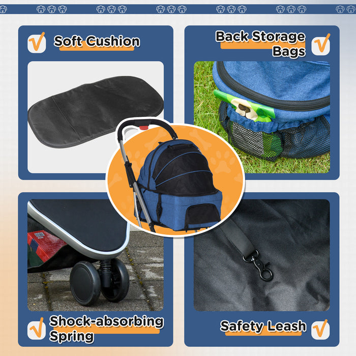 2-in-1 Detachable Pet Stroller Pushchair - Foldable Dog & Cat Travel Carriage with Carrying Bag - Convenient Mobility Solution for Animal Lovers, Dark Blue