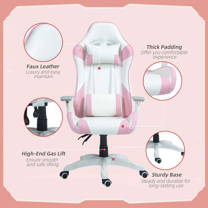 Ergonomic Racing Gaming Chair - Faux Leather with Lumbar & Headrest Support, 3D Adjustable Armrests - Comfortable Swivel Seating for Home Office Gamers in Pink