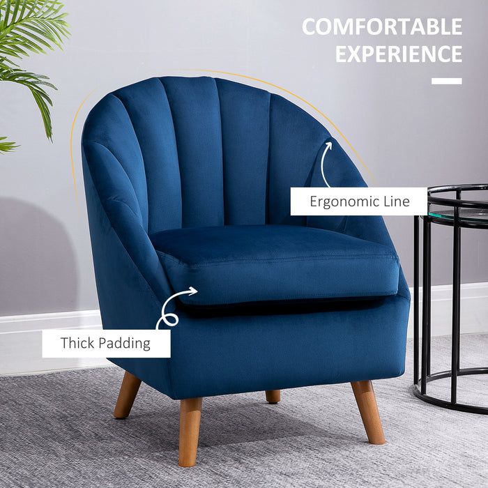 Velvet Fabric Accent Chair - Single Sofa Armchair with Solid Wood Legs for Home Living Room - Upholstered Side Chair in Elegant Blue