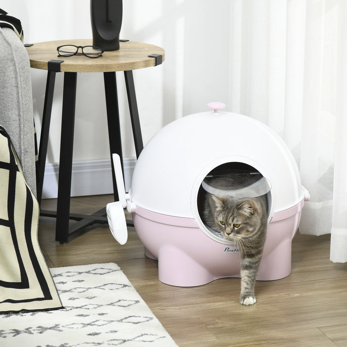 Extra-Large Hooded Cat Litter Box with Scoop - Easy-Carry Top Handle, Front Entry Design, 53x51x48 cm - Perfect for Multiple Cats or Large Breeds in Pink
