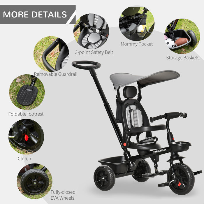 4-in-1 Convertible Trike with Reversible Seat - Adjustable Canopy, 3-Wheel Pushchair Design, Removable Handle for Toddlers - Versatile Outdoor Ride for Children Aged 1-5, Grey