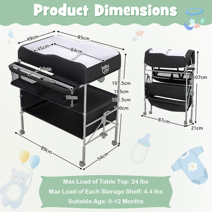 Portable Nursery Changing Table - Foldable Design, Lockable Wheels, and Added Storage Basket in Black - Ideal for Convenient and Safe Baby Diaper Changes