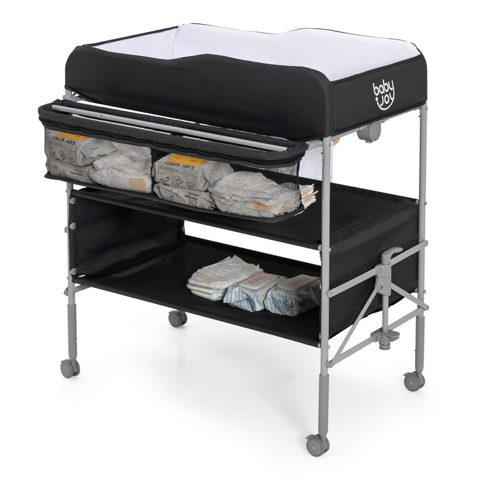 Portable Nursery Changing Table - Foldable Design, Lockable Wheels, and Added Storage Basket in Black - Ideal for Convenient and Safe Baby Diaper Changes