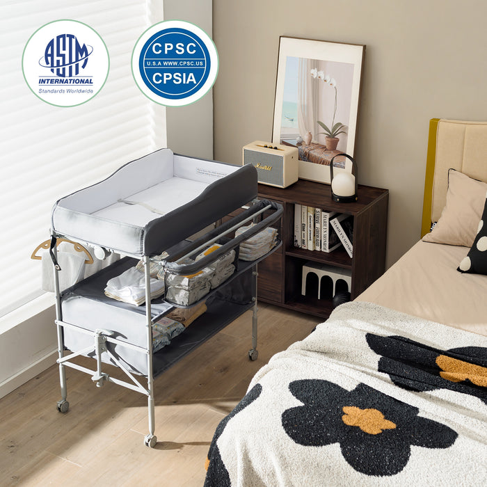 Portable Nursery Changing Table - Foldable Design, Lockable Wheels, and Added Storage Basket in Black - Ideal for Convenient and Safe Baby Diaper Changes