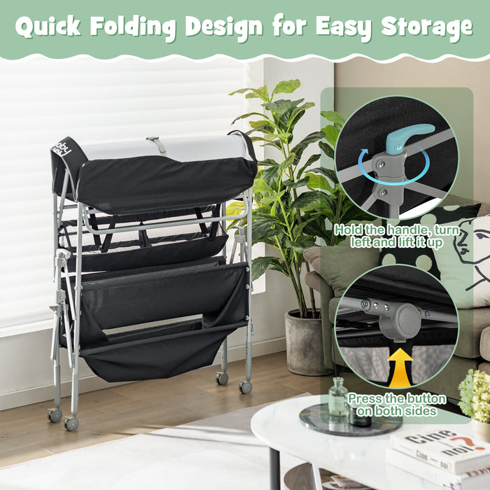 Portable Nursery Changing Table - Foldable Design, Lockable Wheels, and Added Storage Basket in Black - Ideal for Convenient and Safe Baby Diaper Changes