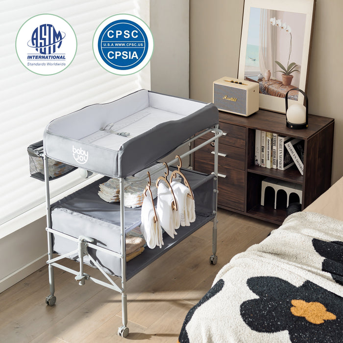 Portable Nursery Changing Table - Foldable Design, Lockable Wheels, and Added Storage Basket in Black - Ideal for Convenient and Safe Baby Diaper Changes