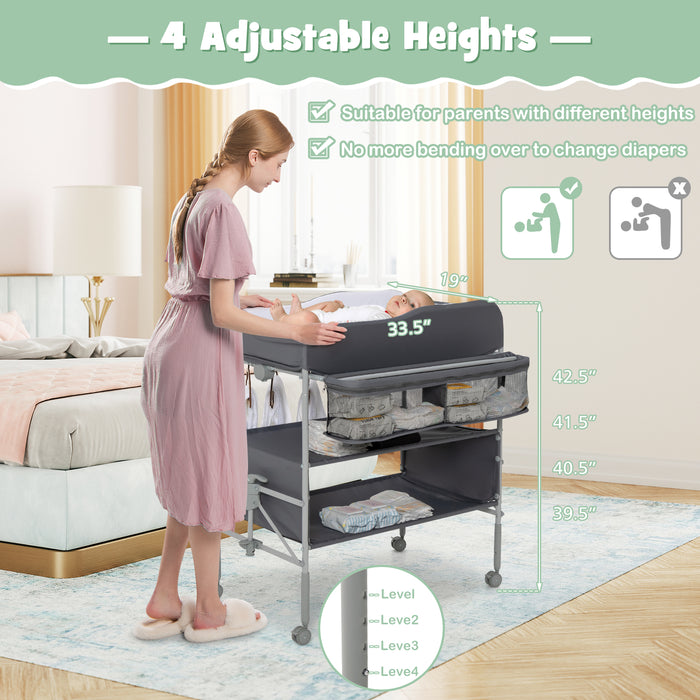 Portable Nursery Changing Table - Foldable Design, Lockable Wheels, and Added Storage Basket in Black - Ideal for Convenient and Safe Baby Diaper Changes