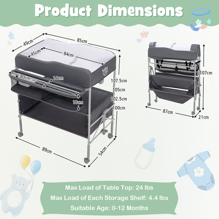 Portable Nursery Changing Table - Foldable Design, Lockable Wheels, and Added Storage Basket in Black - Ideal for Convenient and Safe Baby Diaper Changes