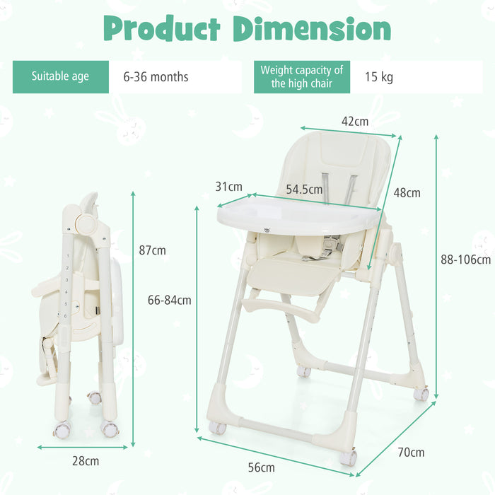 Adjustable High Chair - Folding Design with 5 Recline Positions, Ideal for Babies and Toddlers - Perfect for Meal Times and More, Chic Beige Color