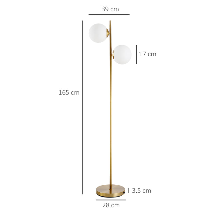 Gold Floor Lamp with Dual Glass Shades - Contemporary Metal Standing Light with Convenient Floor Switch - Stylish Illumination for Home or Office Decor