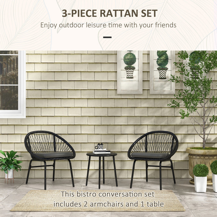 3 Piece PE Rattan Garden Bistro Set - Includes Round Metal Coffee Table and 2 Cushioned Armchairs - Ideal for Patio, Balcony & Outdoor Relaxation