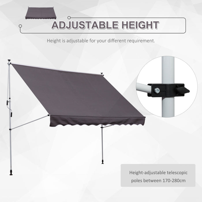 Balcony DIY Patio Awning - 3 x 1.5m Manual Retractable Canopy with Clamp, Adjustable Shade Shelter - Perfect for Outdoor Comfort in Grey