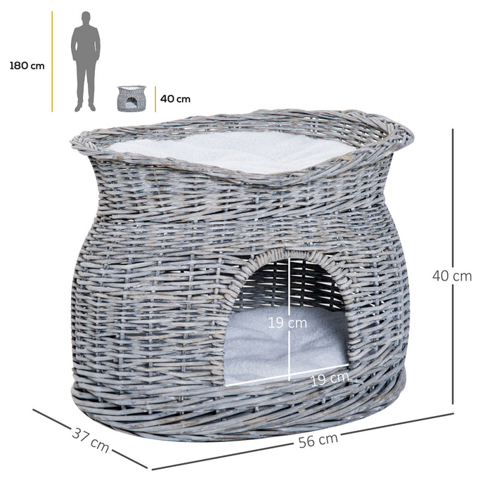 Elevated 2-Tier Wicker Cat House - Willow Basket Kitten Condo with Washable Cushions, Grey - Cozy Pet Retreat for Cats and Small Pets