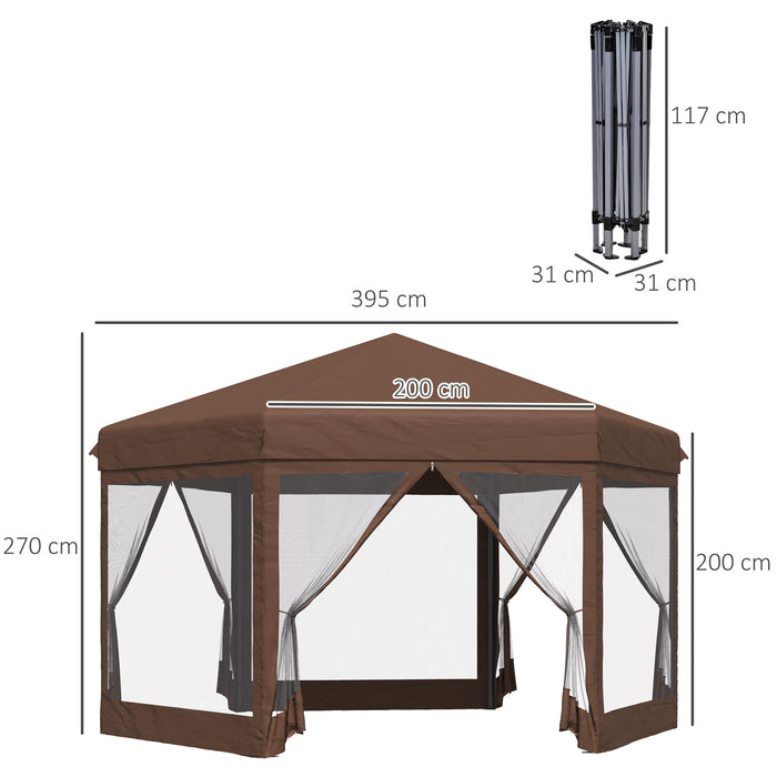 Hexagonal Pop-Up Gazebo - 3x3.5m Canopy with Adjustable Height, Sun Shelter, Mosquito Netting & Zipped Door, Brown - Ideal for Outdoor Parties & Gatherings