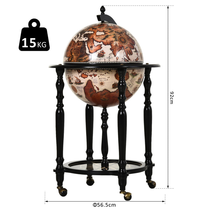 Elegant Globe-Shaped Drinks Cabinet with Wood Frame - Mobile Bar Cart with 3 Compartments, Bottom Shelf, and 4 Wheels - Sophisticated Safe Storage for Bottles and Glasses, Antique Brown and Beige Design