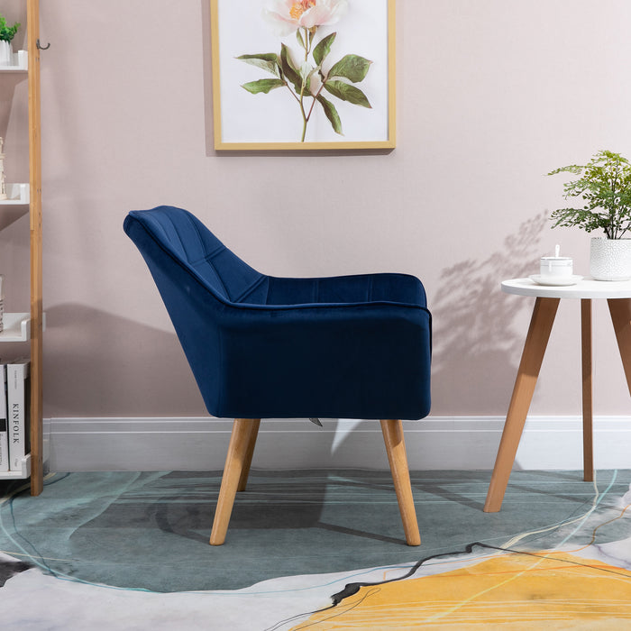 Wide-Armed Accent Armchair with Slanted Back - Padded Lounge Seat on Iron Frame with Wooden Legs - Comfy Bedroom or Living Room Seating in Blue