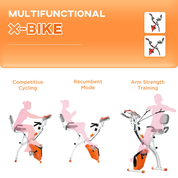 Foldable 2-in-1 Upright & Recumbent Exercise Bike - Magnetic Stationary Cycling with Arm Resistance Bands, Orange - Ideal for Full-Body Home Workouts