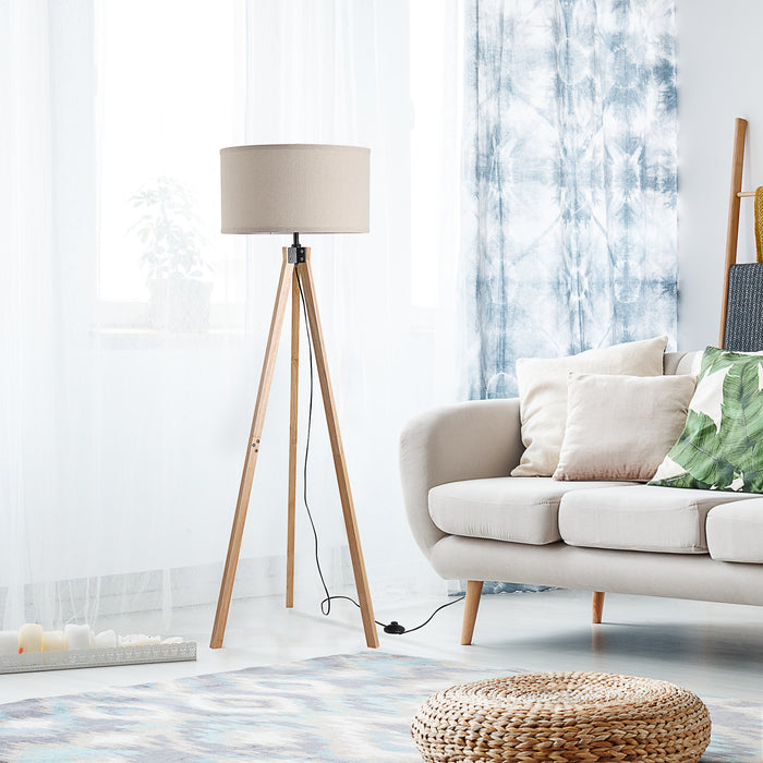 Elegant 5ft Wooden Tripod Floor Lamp - E27 Bulb Compatible with Versatile Home and Office Use - Free Standing Design in Beige
