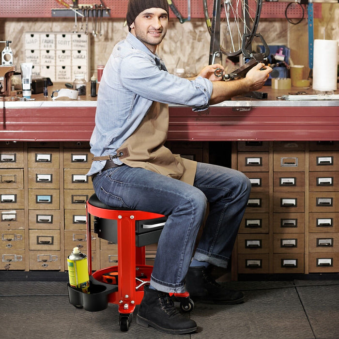 Workshop Creeper Seat - Rolling Design with 2 Storage Drawers and Tool Tray - Ideal for Mechanics and DIY Enthusiasts