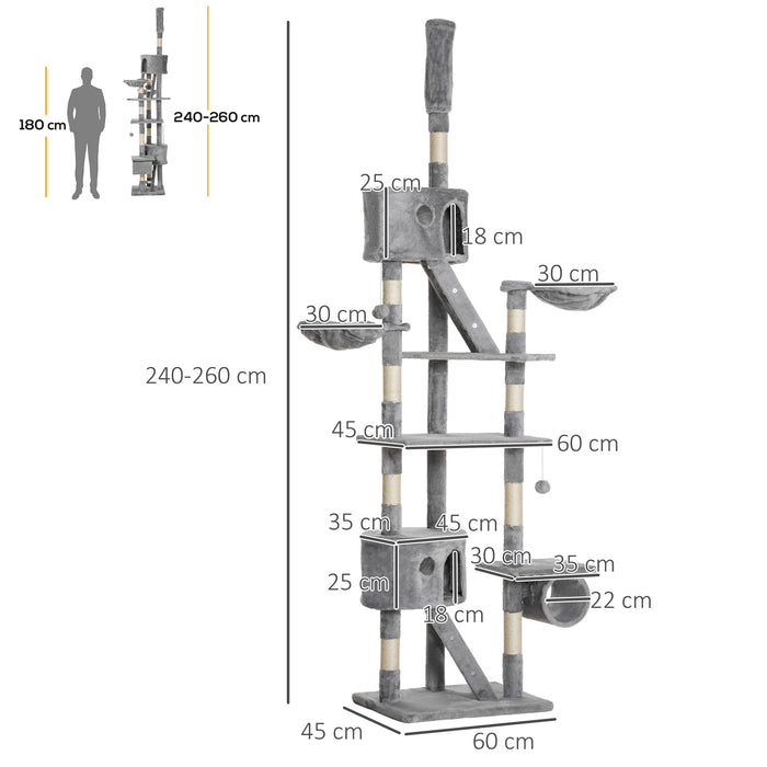 Floor-to-Ceiling Adjustable Cat Tree - 240-260cm Tall Climbing Tower for Felines in Light Grey - Ideal for Indoor Cats' Play and Exercise