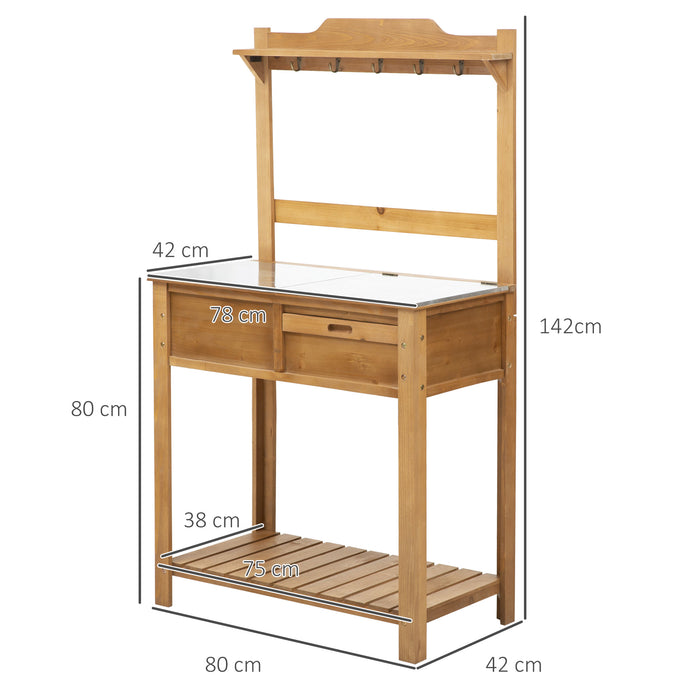 Outdoor Gardening Workstation - Wooden Potting Bench with Galvanized Metal Sink, Ample Storage Shelves - Ideal for Gardeners, 80 x 42 x 142 cm Dimensions