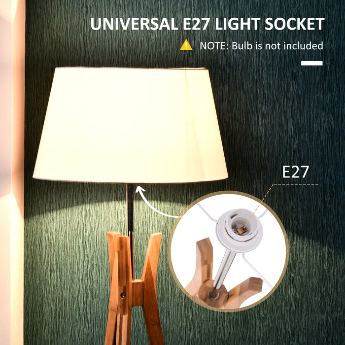 Tripod Floor Lamp with E27 Base and Fabric Shade - Elegant 156cm Natural Wooden Lamp with Storage Shelf and Foot Switch - Perfect for Bedroom and Living Room Lighting