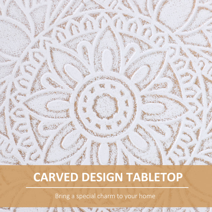 Carved Floral Round Coffee Table Set - Tray-top Design with Wooden Legs, Modern Side Tables - Ideal for Living Room Décor, Pair in White