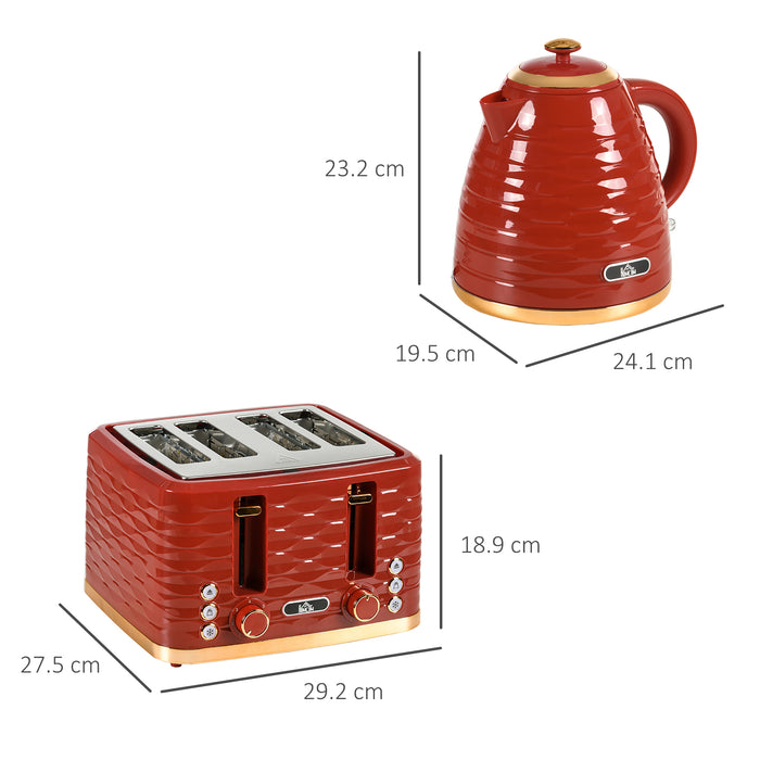 3000W 1.7L Quick Heat Kettle & 4-Slice Toaster Combo - High-Capacity Fast Boiling and Adjustable Browning with Crumb Tray in Red - Ideal for Busy Kitchens and Breakfast Prep