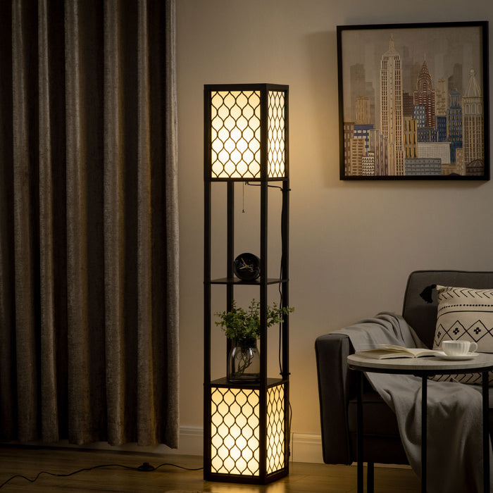 Floor Lamp with Storage Shelves - Dual LED Lighting, Tall Free-Standing Lamp with Pull Chain, Contemporary Design - Ideal for Living Room, Bedroom Ambience & Storage Convenience