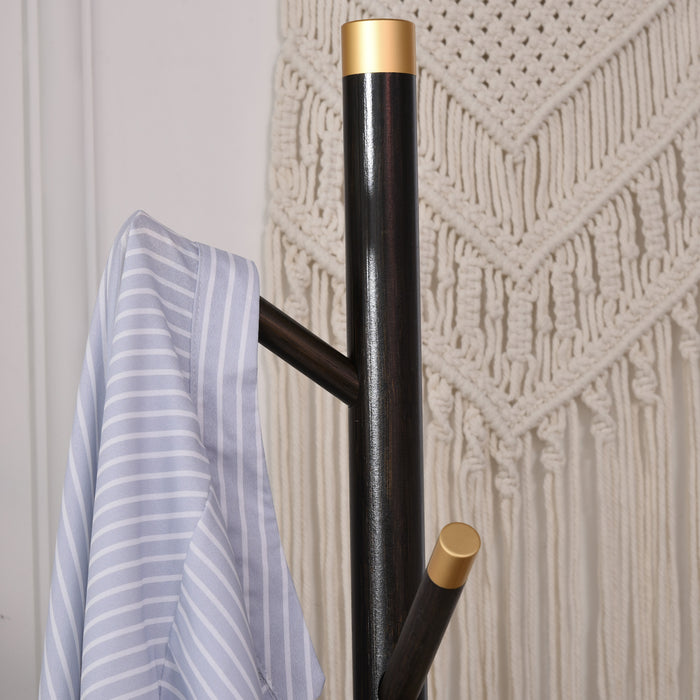 Vintage Style Coat Rack - Free-Standing Bamboo Hall Tree with 6 Hooks for Entryway, Hallway, Bedroom - Elegant Walnut Finish Storage Solution