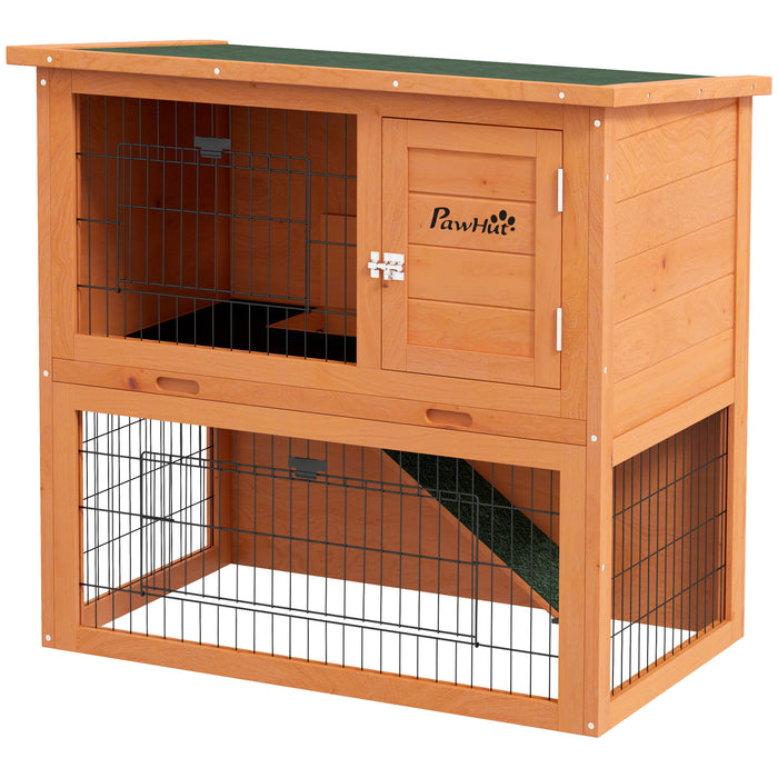 Two-Tier Antiseptic Wood Rabbit Hutch - Spacious 80cm Guinea Pig Habitat with Enclosed Run, Orange Finish - Ideal for Small Pet Safety and Comfort