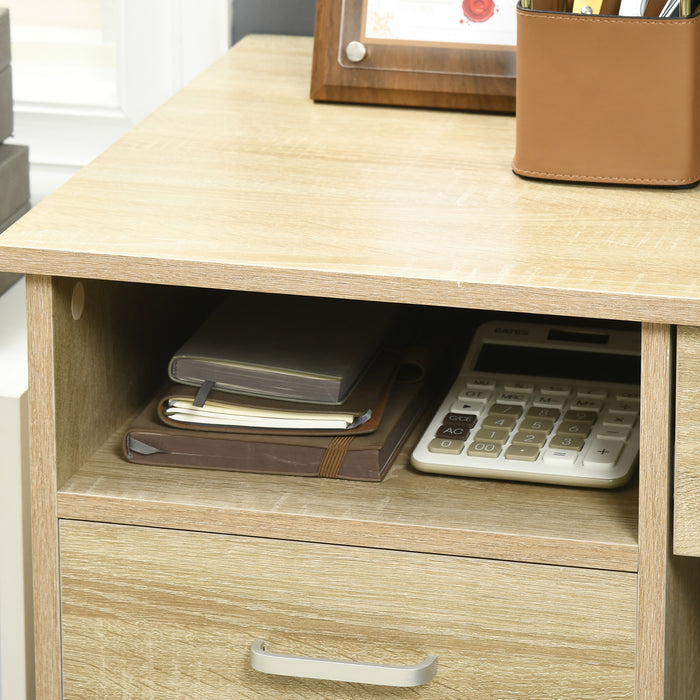 Oak-Finished Computer Desk - Home Office Workstation with Lockable Drawer and Storage Shelf - Ideal for Study and Bedroom Use