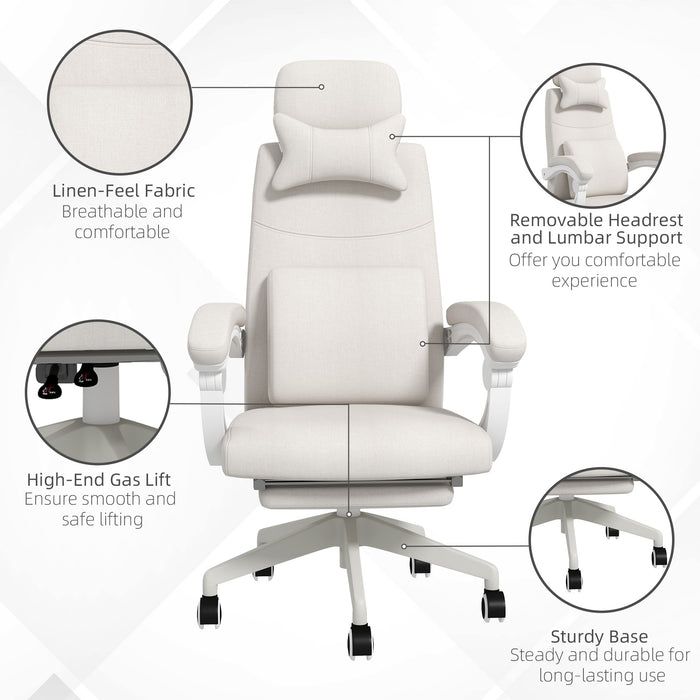 Ergonomic High Back Reclining Office Chair - Lumbar Support, Adjustable Height, Swivel with Footrest in White - Ideal for Long Working Hours and Comfort Seating