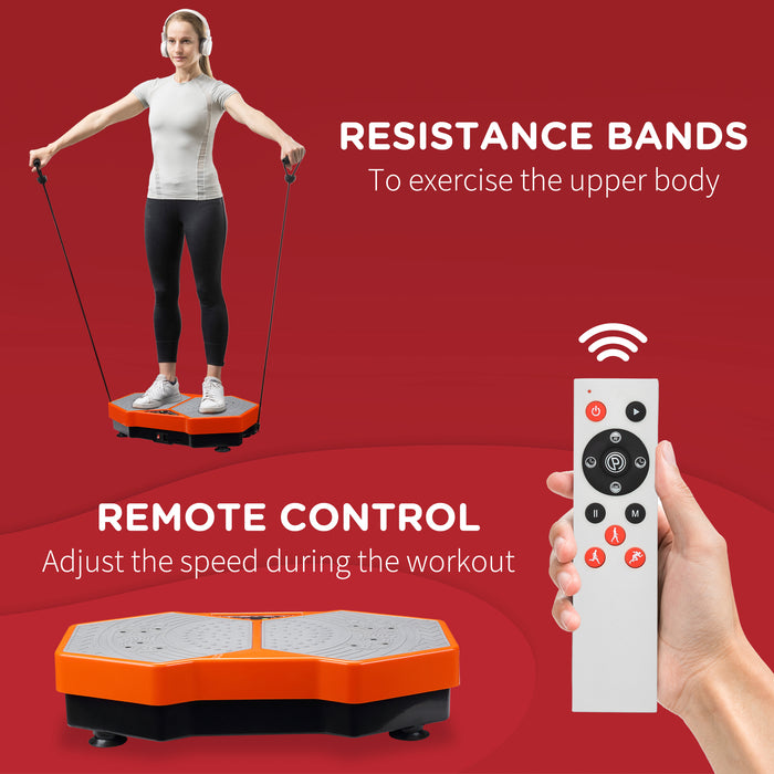 Vibration Fitness Plate with Resistance Bands - 99 Adjustable Intensity Levels, Remote Control - Ideal for Home Gym Full-Body Workouts, Orange and Grey