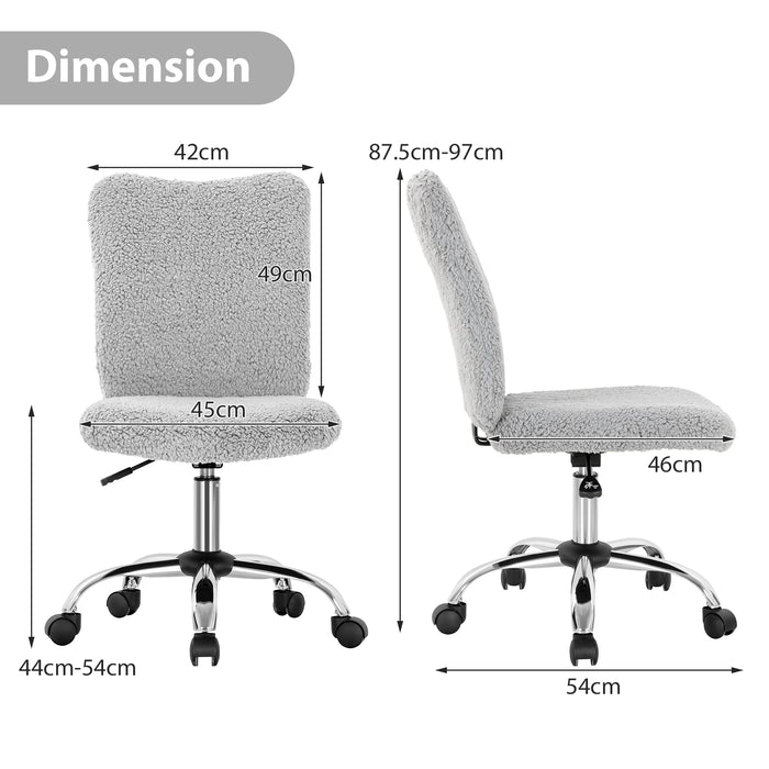 Adjustable Armless Office Chair with Faux Fur - Swivel Design, Chrome Base in Grey - Ideal for Comfortable Workspaces