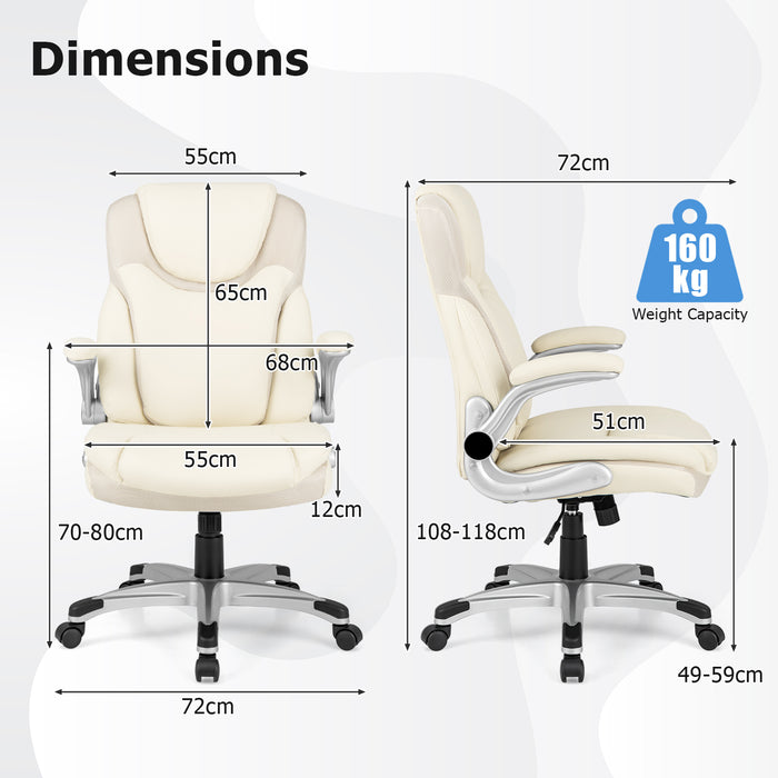 Executive Office Chair with Adjustable Features - White PU Leather, Rocking Function and Armrests - Ideal for Comfortable and Stylish Workspaces