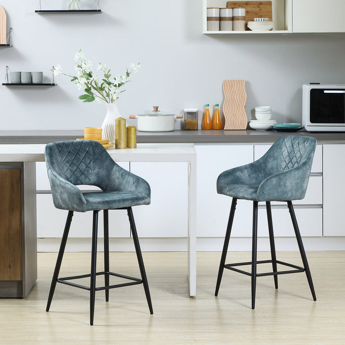 Velvet-Touch Fabric Counter Height Bar Chairs, Set of 2 - Sturdy Steel-Legged Kitchen Stools in Blue - Ideal for Dining and Entertainment Areas