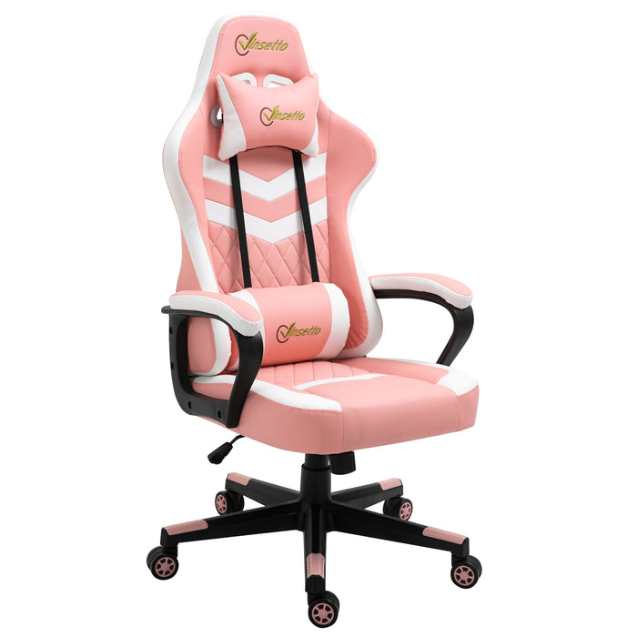 Ergonomic Racing Chair for Gamers - Lumbar Support, Adjustable Headrest, Swivel Wheels, PVC Leather - Comfortable Desk Seating for Home Office Use, Pink & White
