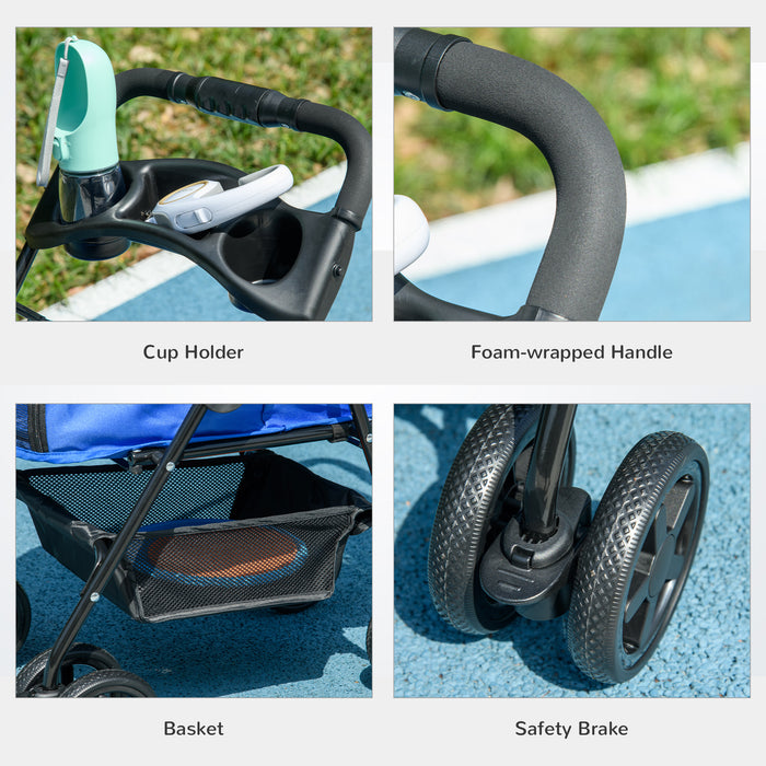 Pet Stroller - Dog & Cat Travel Pushchair with One-Click Folding, EVA Wheels, Brake System, and Adjustable Canopy - Safe and Comfortable Blue Trolley for Pet Jogging and Transport