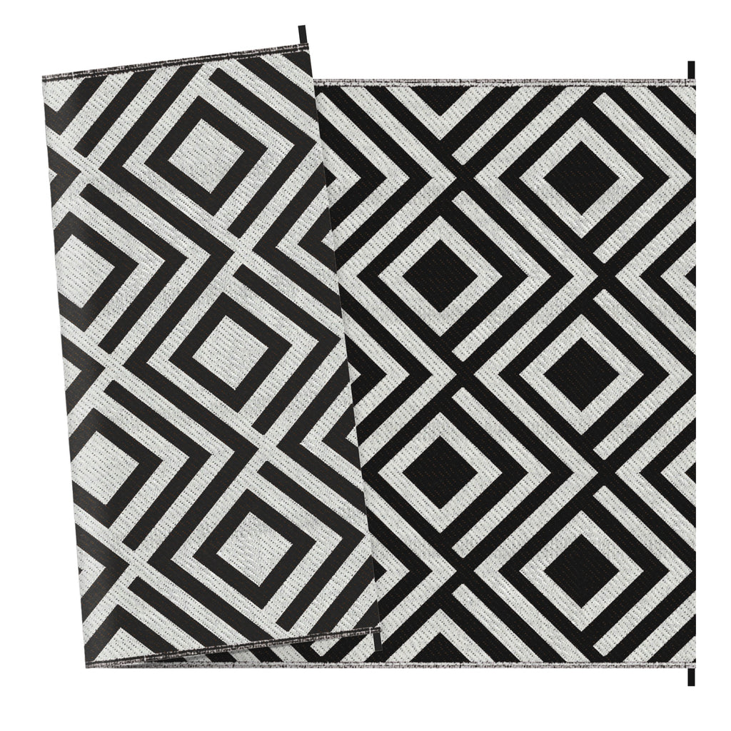 Reversible Plastic Straw Outdoor Rug - Durable Mat with Carry Bag & Ground Stakes, 182x274cm, Black - Ideal for Garden, RV, Picnic, Beach, and Camping Adventures