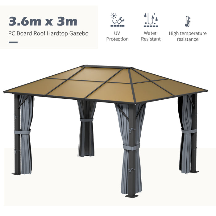 Aluminium Gazebo Canopy 3x3.6m - Hardtop Roof, Mesh Curtains, Side Walls, Marquee Party Tent for Patio, Grey - Ideal for Outdoor Entertaining and Shelter