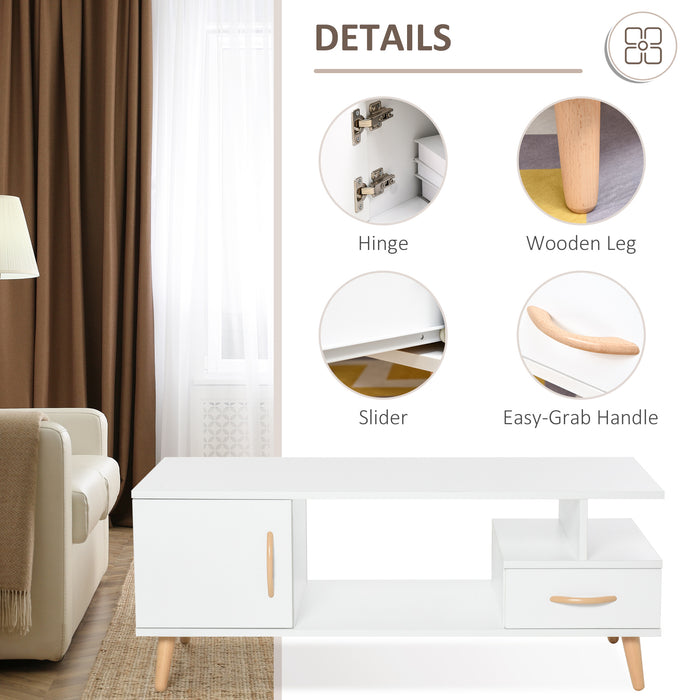 Modern Minimalism Storage Coffee Table - Sofa Side Table with Shelf & Drawer, White - Ideal for Living Room and Reception Room Organization