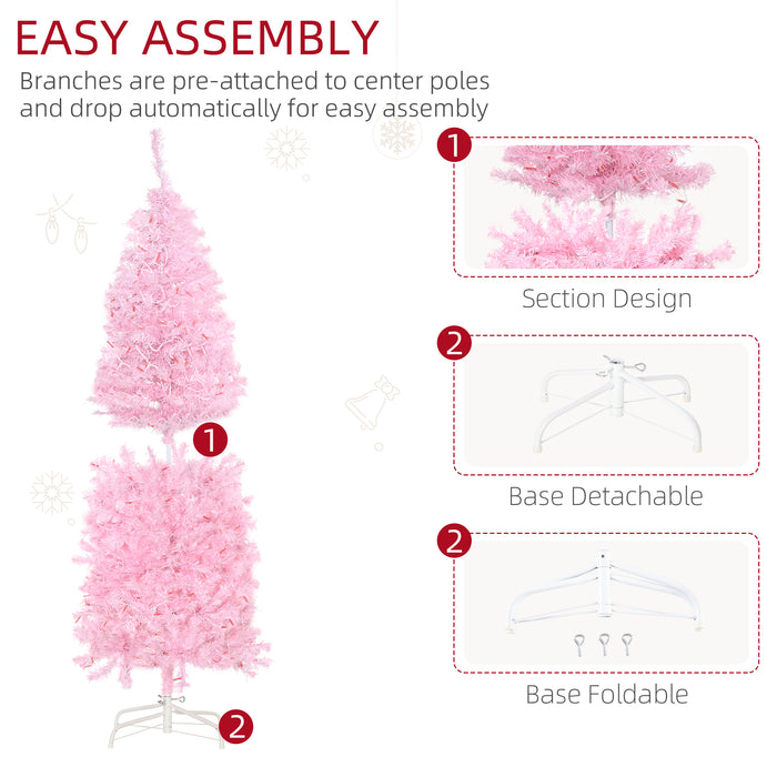 Slim Artificial Christmas Tree with Pre-Lit Warm White LEDs - 5-Foot, Realistic 408-Tip Pencil Tree for Xmas Decor - Pink, Space-Saving Holiday Centerpiece