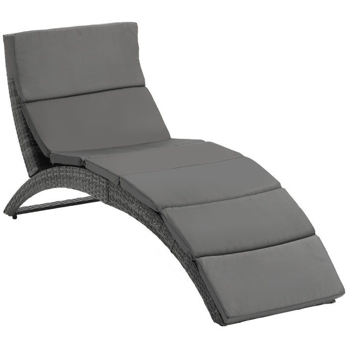 Garden Patio Rattan Wicker Sun Lounger - Folding Recliner Bed Chair with Grey Cushion for Outdoor Comfort - Ideal for Poolside Relaxation & Backyard Sunbathing