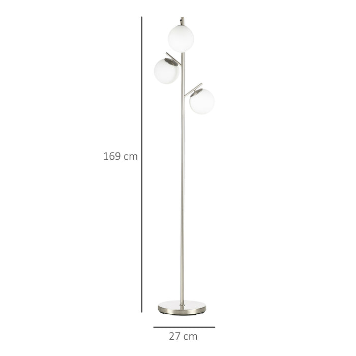 Modern Globe-Shade Tree Floor Lamp - 3-Light Standing Fixture with Steel Base for Living Room and Bedroom - Contemporary Lighting Without Bulb, Silver Finish
