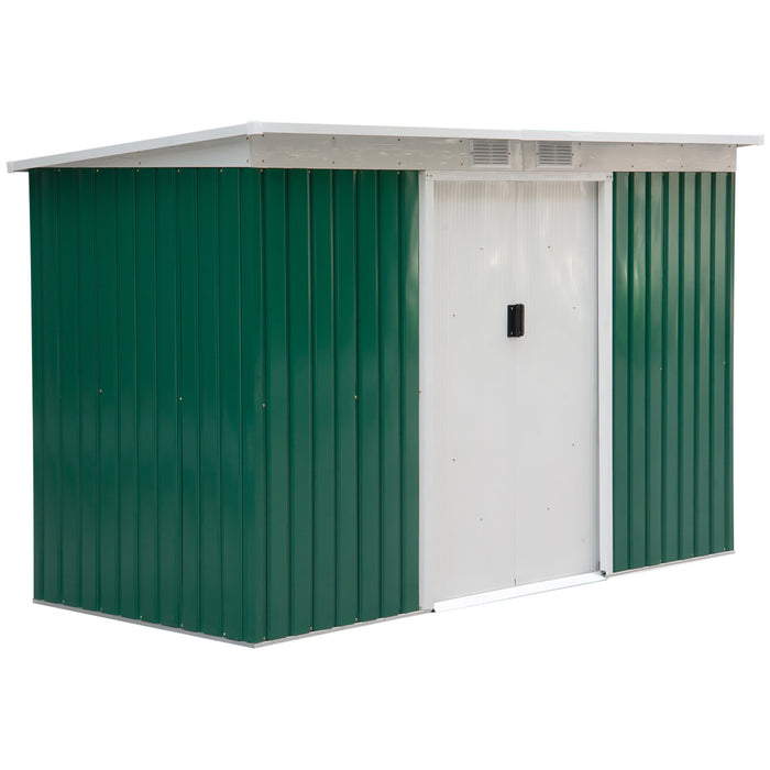 Outdoor Metal Storage Shed - 9ft x 4.25ft Corrugated Garden Equipment Tool Box with Foundation, Ventilation, & Doors - Secure Deep Green Organizer for Garden Tools & Supplies